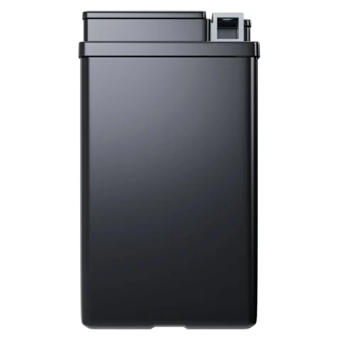 Tall, rectangular black trash can with a foot pedal on one side.