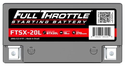 Battery with "Full Throttle" branding, model FTSX-20L. Capacity: 18Ah, CCA: 270 Amps, Group Size: BTX20L. Made in Brazil.