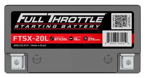 Image of a Full Throttle starting battery, model FTSX-20L, with a capacity of 18Ah and 270 amps, made in Brazil.