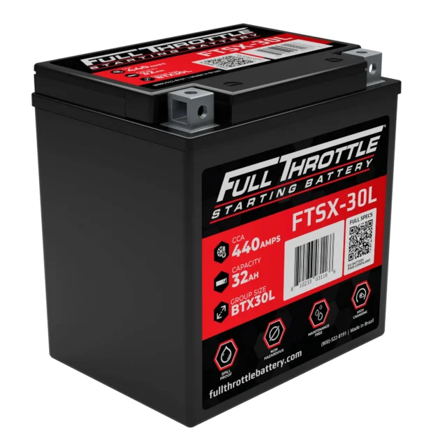 Black Full Throttle starting battery FTSX-30L with 440 CCA, 32 Ah capacity, and group size BTX30L.