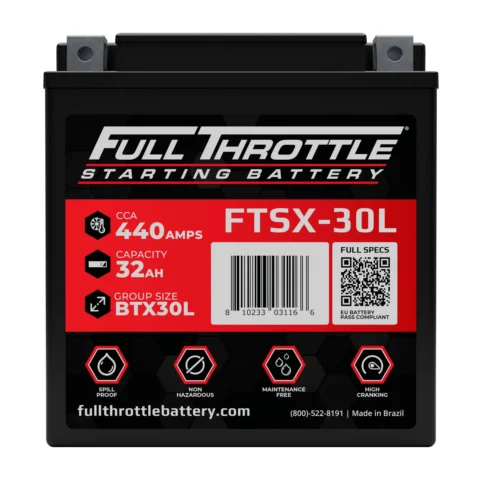 Front view of a Full Throttle FTSX-30L starting battery displaying specifications: 440 amps, 32 Ah capacity, Group Size BTX30L. Features listed include spill-proof and maintenance-free.