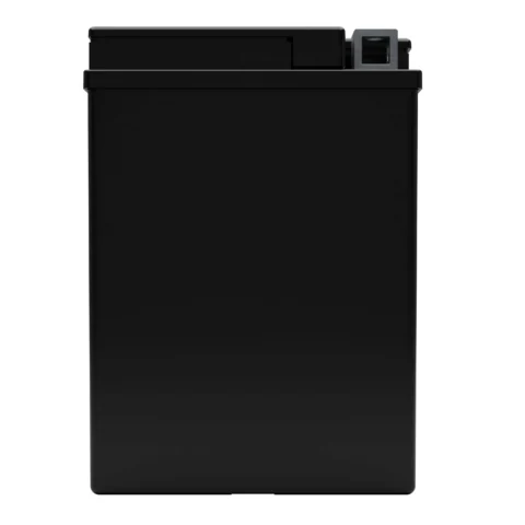 A black rectangular battery with a flat top and small connector on the top right corner.