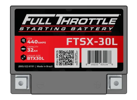 Image of a Full Throttle starting battery, model FTSX-30L, with 440 CCA, 32Ah capacity, and group size BTX30L. Includes a QR code and product information label. Made in Brazil.