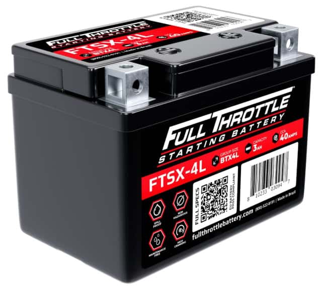 A black Full Throttle starting battery, model FTSX-4L, with specifications and a QR code on the label.