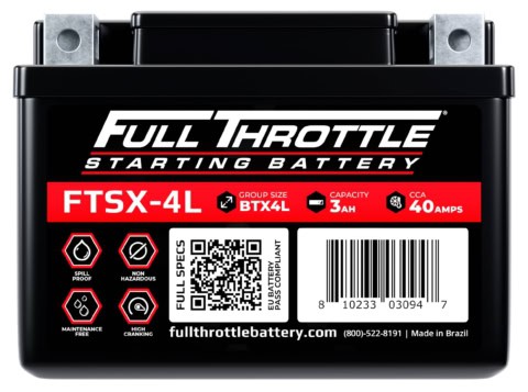 Black Full Throttle starting battery labeled FTSX-4L, 3Ah capacity, 40 Amps, spill-proof, maintenance-free. QR code and contact info included. Made in Brazil.