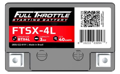 Label of a Full Throttle starting battery model FTSX-4L with details: BTX4L group size, 3Ah capacity, 40 amps CCA, made in Brazil, and a QR code.