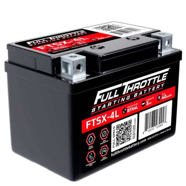 Black Full Throttle FTSX-4L starting battery featuring specifications, company branding, and QR code on the label.