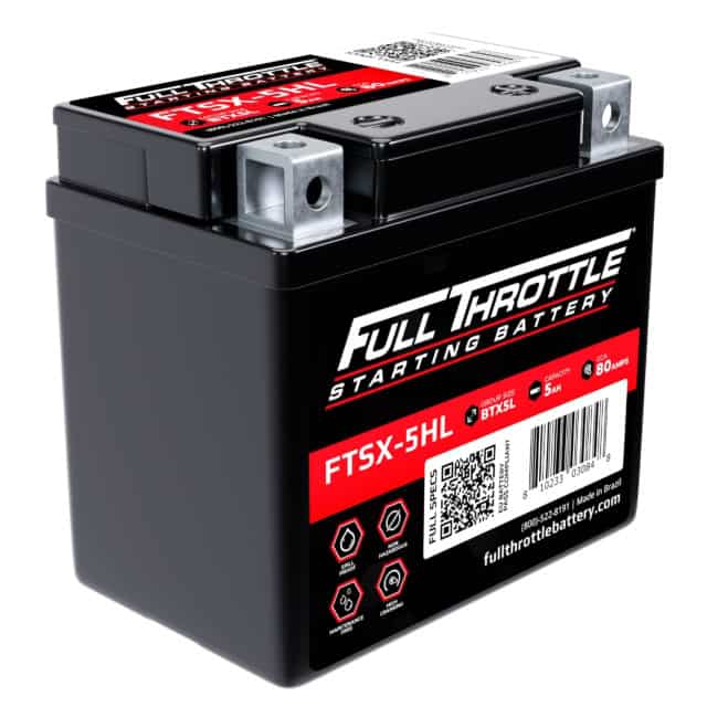 A black Full Throttle FTSX-5HL starting battery with red and white labels, featuring specs like 5Ah capacity and 80 amps.