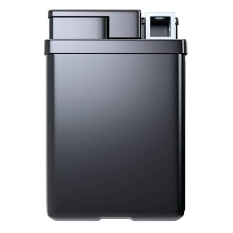 A sleek, black rectangular vape device, shown vertically with a flip-top lid.