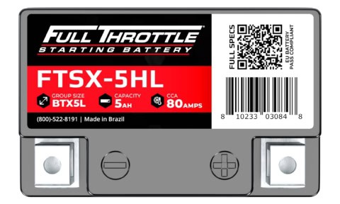 Image of a Full Throttle starting battery, model FTSX-5HL, Group Size BTX5L, 5Ah capacity, 80 CCA, with a barcode and QR code. Made in Brazil.