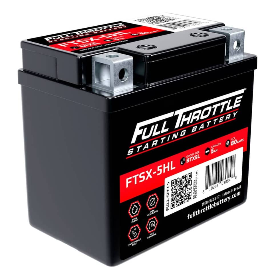 Full Throttle starting battery, model FTSX-5HL, featuring black casing with red and white labeling.