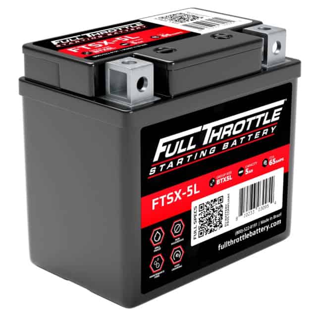 A gray Full Throttle starting battery labeled FTSX-5L with specifications including 5 volts and 65 amps.