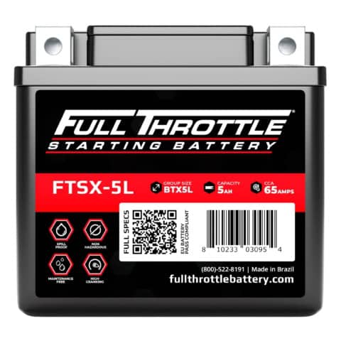 Full Throttle starting battery with model FTSX-5L. Features: spill proof, non-hazardous, maintenance free, no acid, no choking. Made in Brazil.