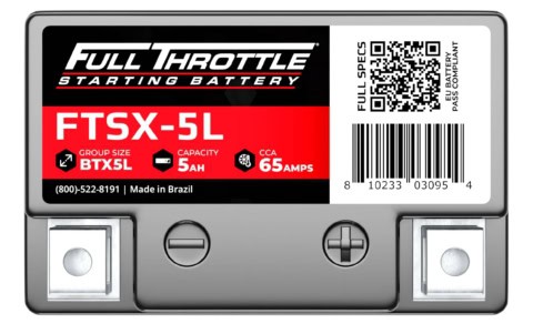 Image of a Full Throttle starting battery, model FTSX-5L, 5Ah capacity, 65Amps CCA, Group Size BTX5L. Made in Brazil.