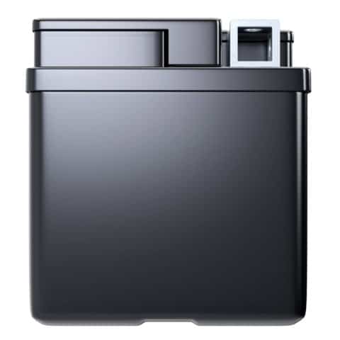 A rectangular, gray plastic trash bin with a closed lid and a pedal mechanism on the side.