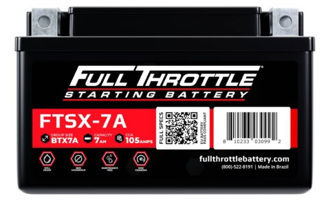 Full Throttle FTSX-7A battery with 7AH capacity, 105 CCA. Features maintenance-free design, barcode, and QR code. Made in Brazil.