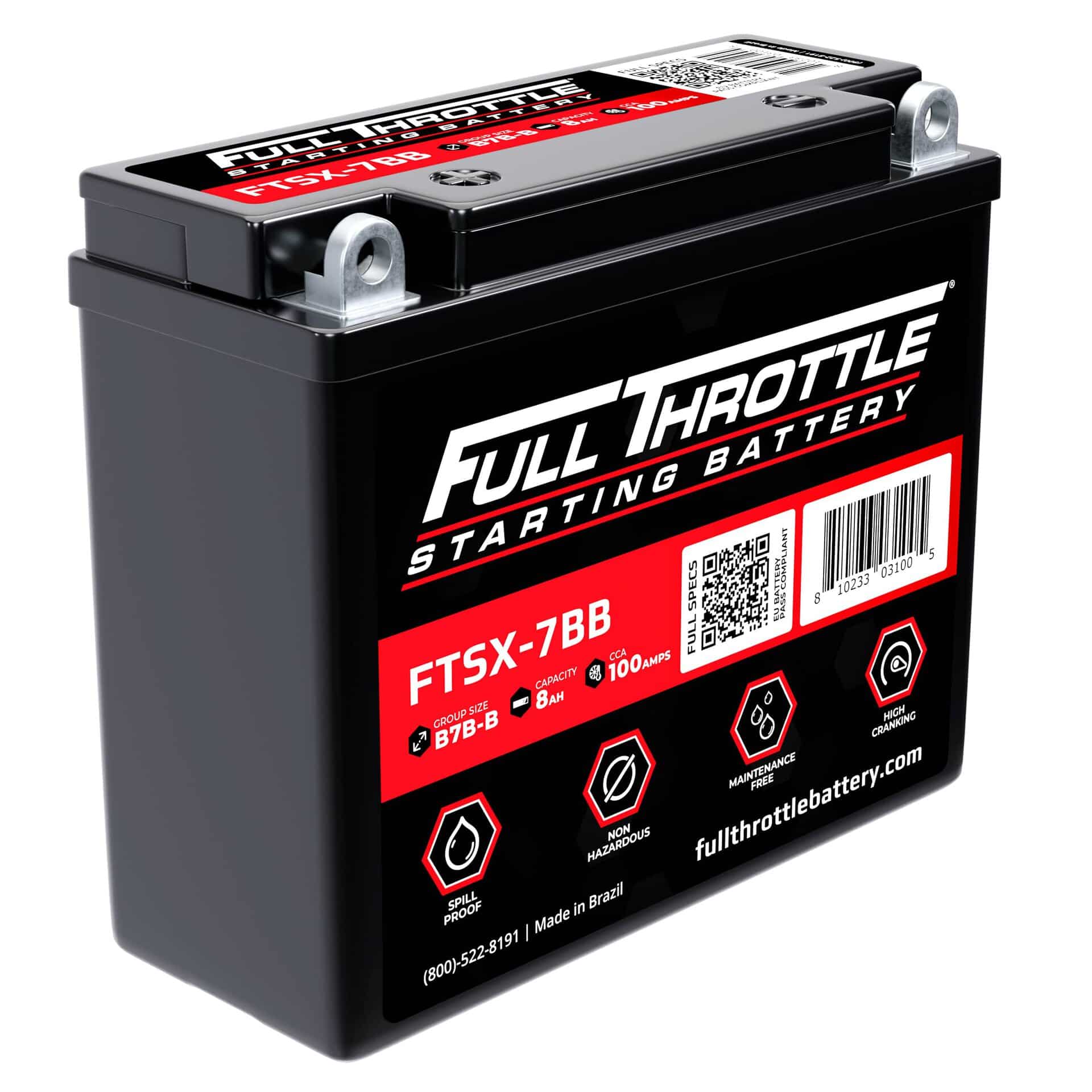 Black Full Throttle starting battery, model FTSX-7BB, with specifications and contact information on the label.