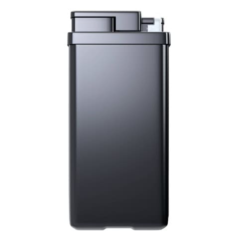 A sleek, black rectangular lighter with a closed lid and a metal ignition wheel on the right side.