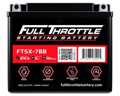 Black Full Throttle starting battery labeled FTSX-7BB with features: spill-proof, non-hazardous, maintenance-free, high cranking.