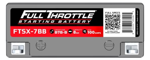 A Full Throttle starting battery with specifications: Group Size B7B-B, Capacity 8Ah, CCA 100 Amps, and a QR code.