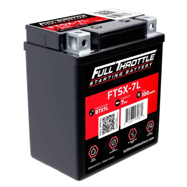 Black Full Throttle battery labeled "FTSX-7L," featuring specifications like 7Ah capacity and 100 cold cranking amps.