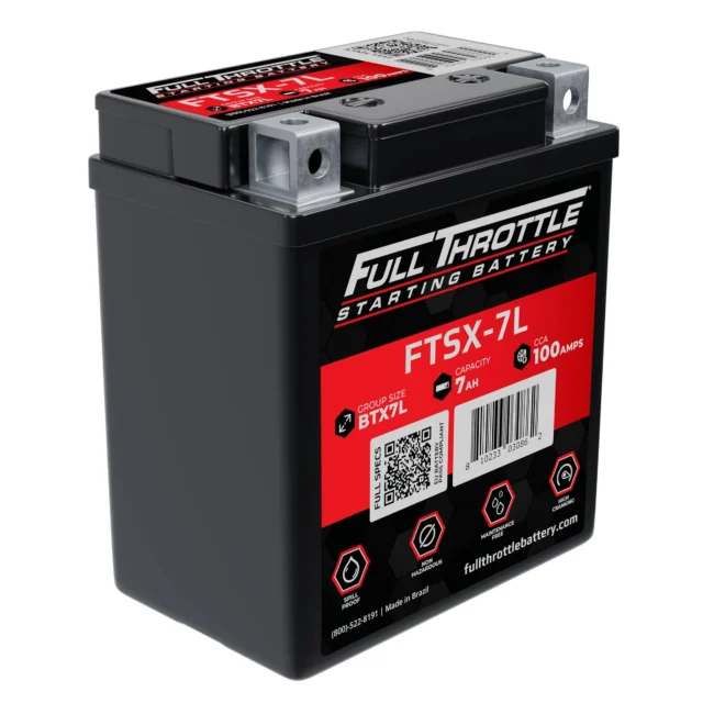 Black car battery labeled "Full Throttle Starting Battery FTSX-7L" with specifications of 7Ah capacity and 100 CCA.