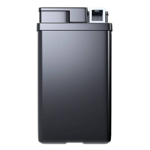 A tall, rectangular, grey metal lighter with a flip-top lid and a fuel adjustment lever on the side.