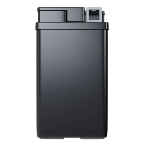 Black rectangular electronic device with a flip-top lid and a small button on the side.