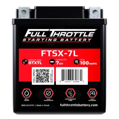 Black Full Throttle FTSX-7L starting battery with 7AH capacity, 100 CCA, QR code, and safety icons. Made in Brazil.