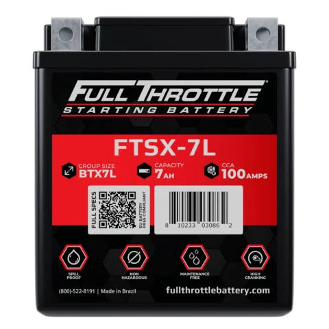 Full Throttle FTSX-7L starting battery, 7 Ah capacity, 100 CCA, non-hazardous, spill-proof, maintenance-free, made in Brazil.