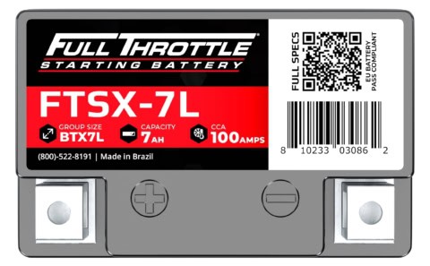 A Full Throttle FTSX-7L starting battery with 7Ah capacity and 100A CCA, featuring a QR code and contact information.