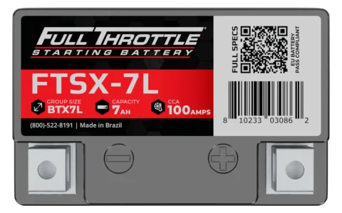 Rectangular starting battery labeled "Full Throttle FTSX-7L" with 7Ah capacity and 100A CCA. Includes a QR code and barcode. Made in Brazil.