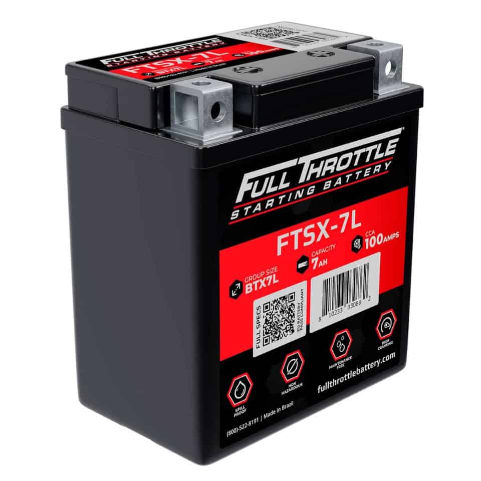 A black Full Throttle starting battery labeled FTSX-7L, with a capacity of 7Ah and 100 CCA. It features QR codes and product details on its label.