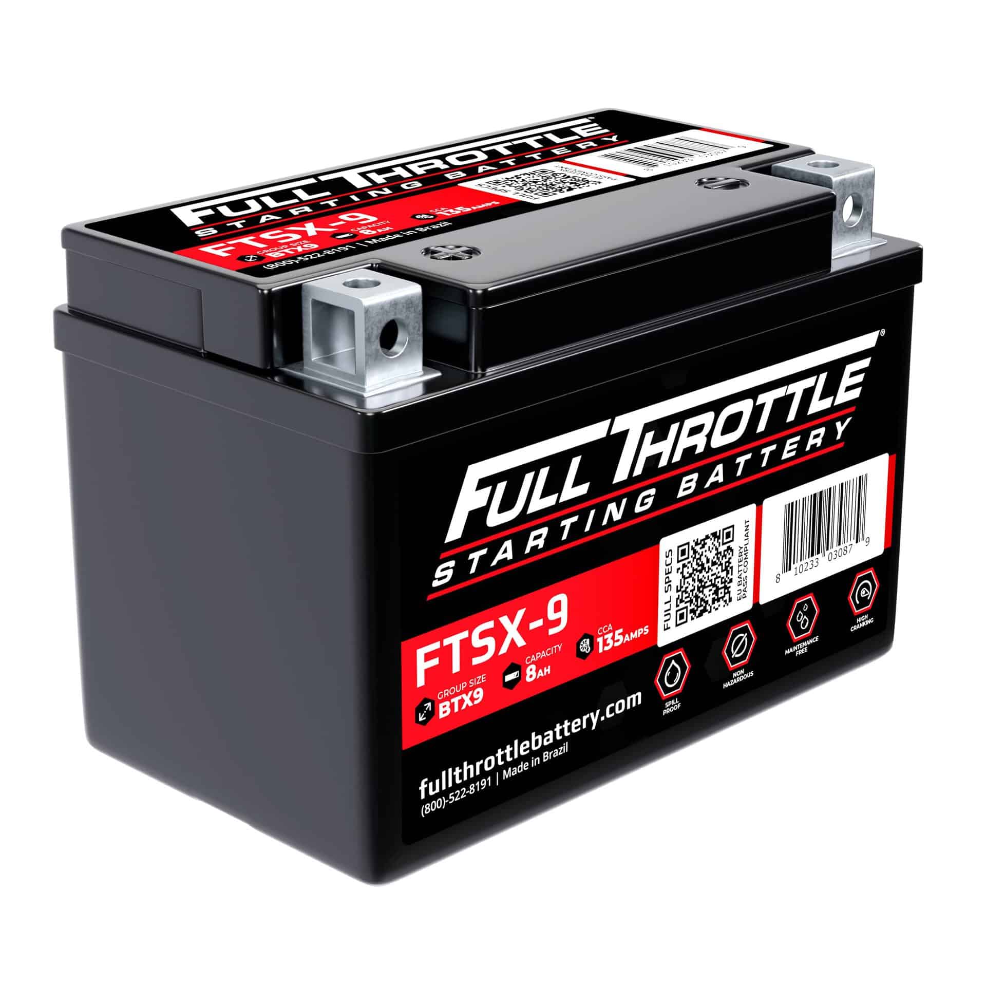 A black Full Throttle battery labeled FTSX-9, displaying specifications and QR code on the front.