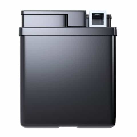 A sleek, rectangular black trash can with a pedal on the side.