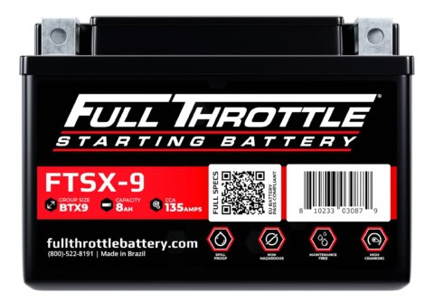 A black Full Throttle Starting Battery, model FTSX-9, with a QR code and specifications, including group size BTX9, capacity 8Ah, and CCA 135 amps.