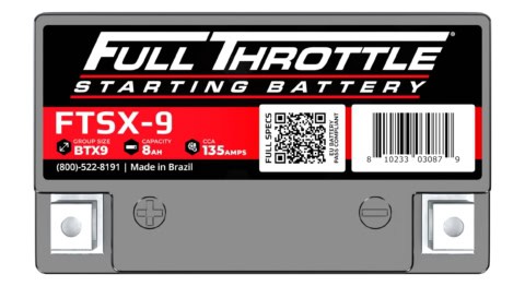 A Full Throttle starting battery labeled FTSX-9 is shown. It includes details about capacity, CCA, a QR code, and bar codes. Made in Brazil.