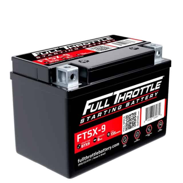 Black Full Throttle FTSX-9 starting battery with silver terminals, showing product logo and specifications on the label.