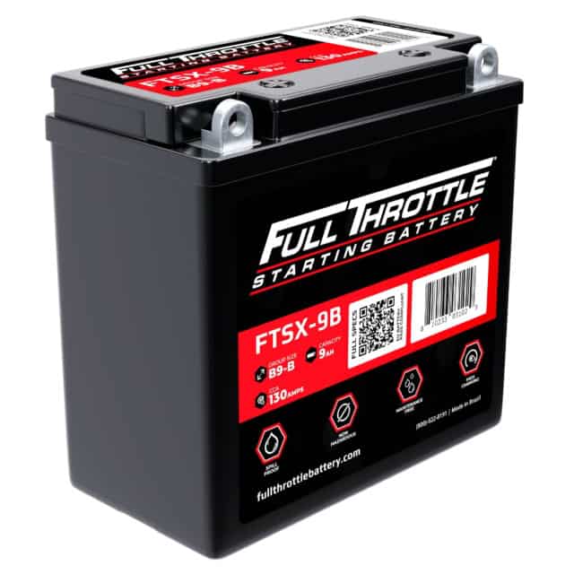 A black and red rectangular Full Throttle starting battery, model FTSX-9B, with specifications and a QR code on the front.