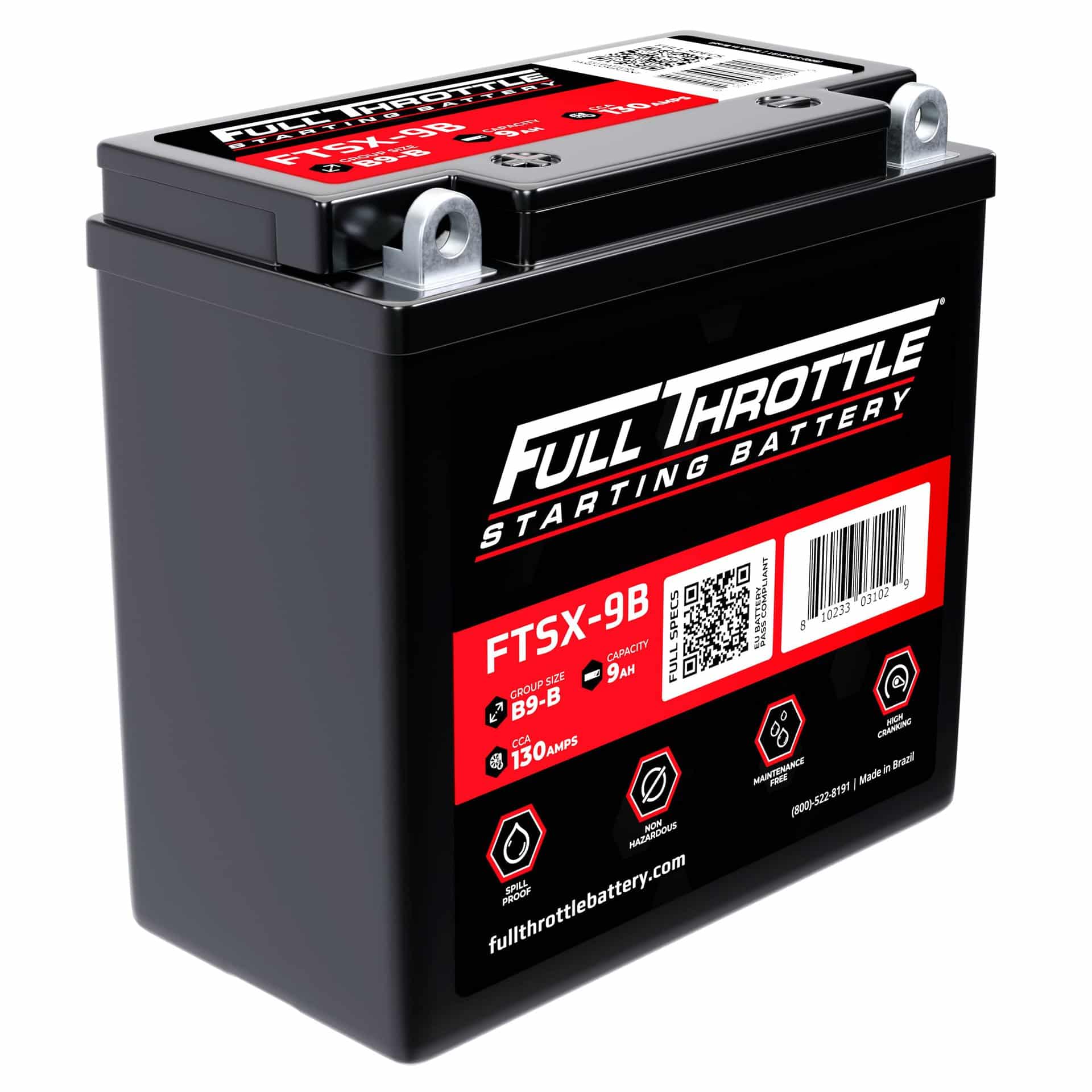 A black and red rectangular Full Throttle starting battery, model FTSX-9B, with specifications and a QR code on the front.