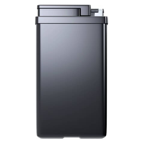 A sleek, black rectangular trash can with a closed lid, viewed from the front.