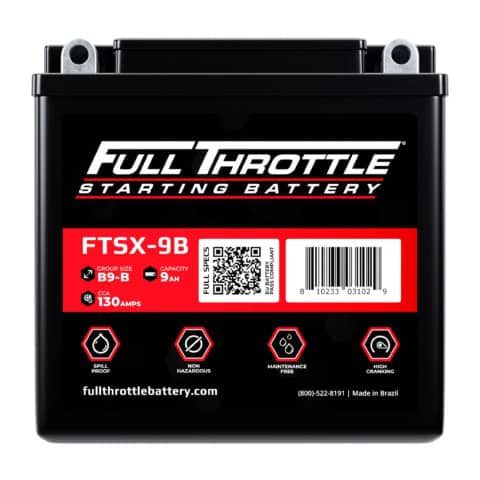 Black Full Throttle starting battery with specifications: Group Size B9-B, 9Ah capacity, 130 CCA, non-hazardous, maintenance-free, spill-proof, high cranking. Made in Brazil.