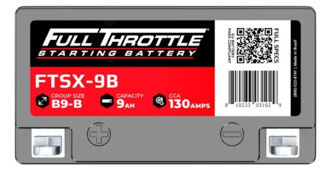 Image of a Full Throttle FTSX-9B starting battery, showing a red label with specifications: Group Size B9-B, Capacity 9AH, CCA 130 Amps. Includes a QR code and barcode.