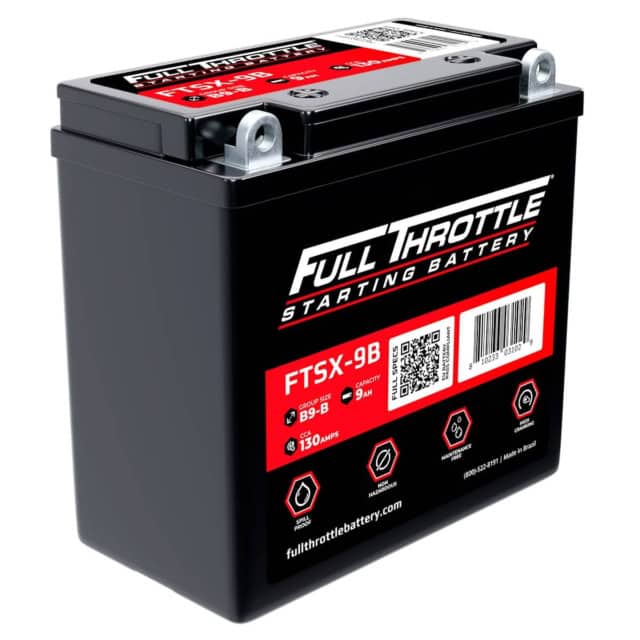 Black rectangular battery labeled "Full Throttle Starting Battery" with red and white text and QR code, model FTSX-9B, 130 amps.