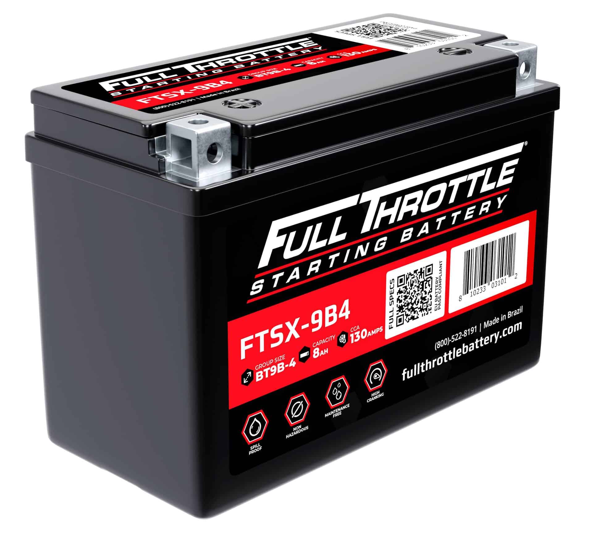 A Full Throttle starting battery labeled FTSX-9B4, featuring specifications like 12 volts, 6 Ah, and 130 amps.