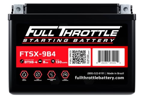 Car battery with "Full Throttle Starting Battery" label and specs: FTSX-9B4, 8Ah, 130CCA. Features include spill-proof, vibration resistant, and maintenance-free. Made in Brazil.