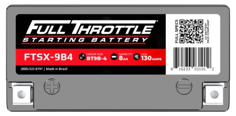 Full Throttle starting battery labeled FTSX-9B4, group size BT9B-4, 8Ah capacity, 130 CCA, made in Brazil.