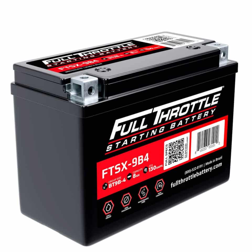 A black Full Throttle starting battery with red and white labels. Model FTSX-9B4.