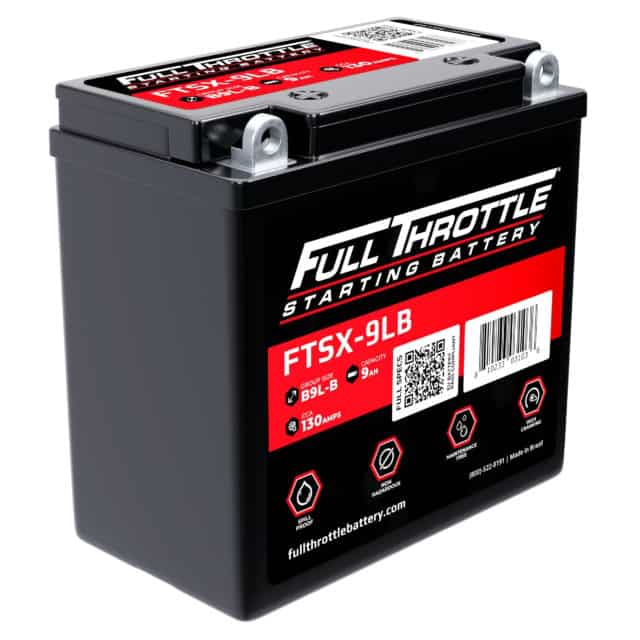 A black Full Throttle starting battery labeled FTSX-9LB.