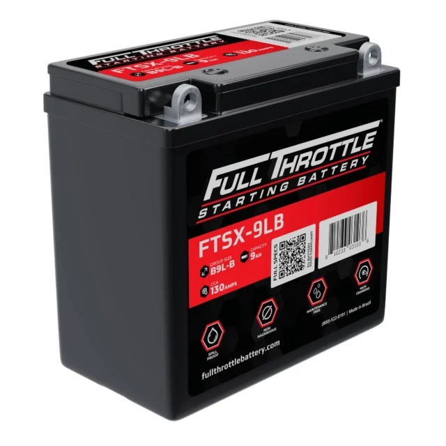 A black Full Throttle FTSX-9LB starting battery with red accents and specifications on the label, including 12 volts and 130 amps.